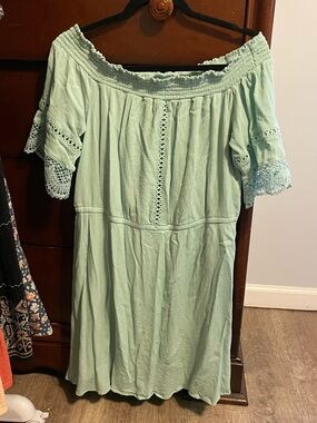 Xhilaration xxl off shoulder mint gauze crochet lined mini dress